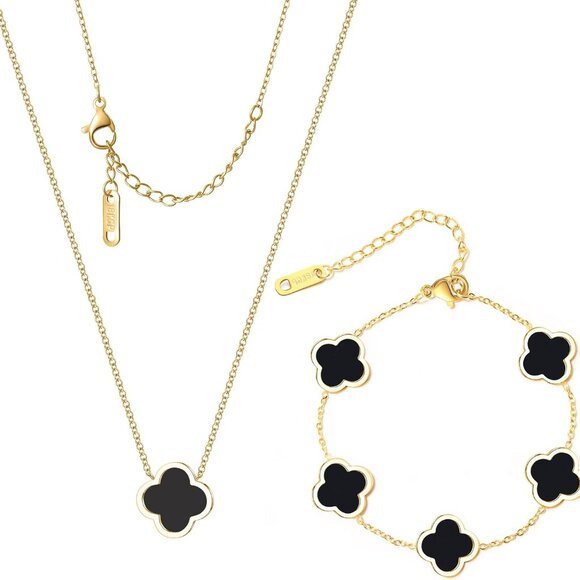 Stainless Steel Clover Necklace Bracelet Set Women Lucky Jewelry Gift - Picture 1 of 6